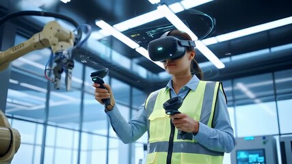 Engineer uses virtual reality headset to control robotic arm in factory setting. - Powered by Adobe