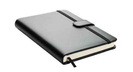 Black Leather Journal with Elastic Closure on White Background.
