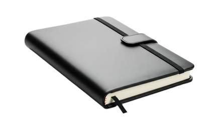 Black Leather Journal with Elastic Closure on White Background.