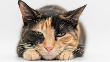 Close up of a Calico Cat Lying on a White Surface