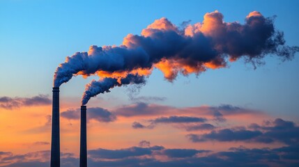 Industrial smokestacks sunset emission pollution climate change global warming