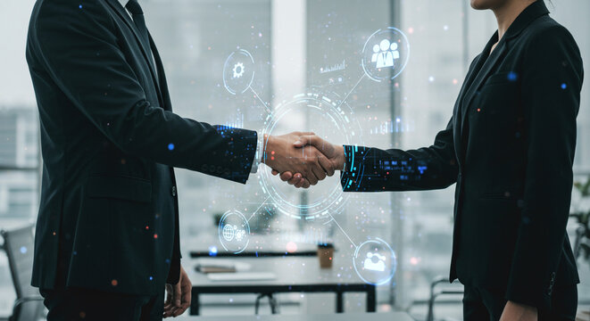Professional business handshake with digital connection graphics in modern office - Powered by Adobe