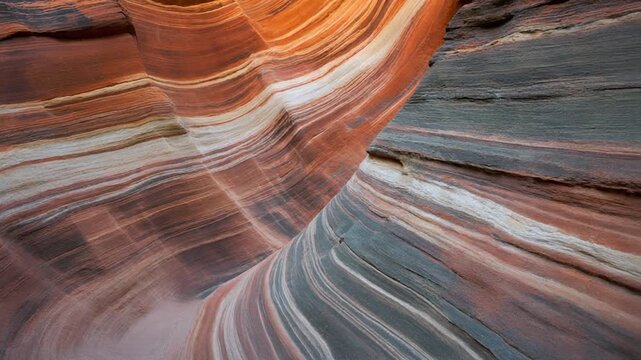 Abstract sandstone texture with swirling colorful layers in a desert canyon.
