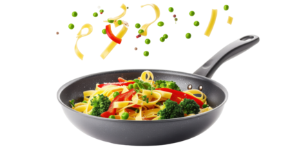 Vibrant Pasta Dish with Fresh Vegetables in Frying Pan Surrounded by Ingredients Flying in Air