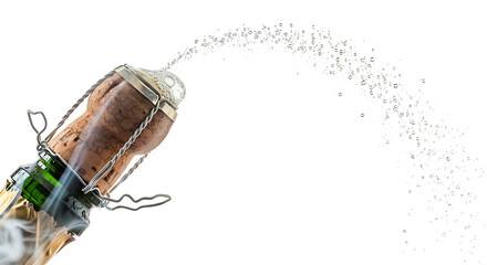 Champagne bottle popping with cork and spray celebration concept.
