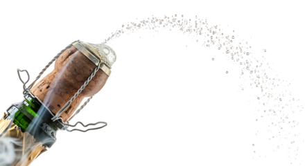 Champagne bottle popping with cork and spray celebration concept.