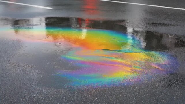 Colorful oil slick on wet asphalt road, rainbow reflection on the ground after rain