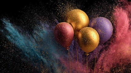 A vibrant artistic depiction of four colorful balloons amidst a backdrop of exploding pigment, creating a celebratory atmosphere