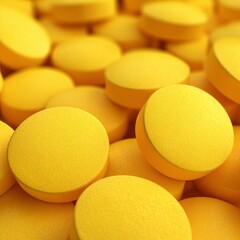 stacked round yellow pills, medical concept