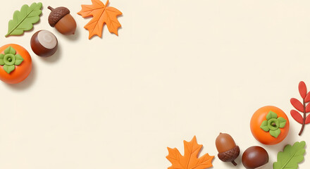 秋の紅葉とどんぐりと柿のかわいいクレイアートフレーム背景