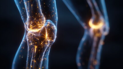 Movement of a human knee joint showing digital connections and energy flows in a scientific representation