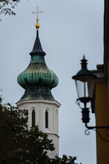 Close-up of Kaasgraben Catholic church steeple in Grinzing, Vienna, Austria