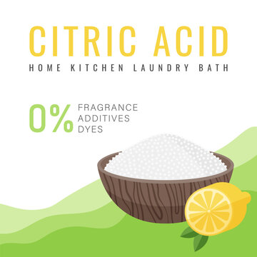 Citric acid packaging template. Modern minimalistic style. Natural versatile remedy for home use. Bright, natural colors, sample typography. Image of lemon, bowl white crystalline powder citric acid.
