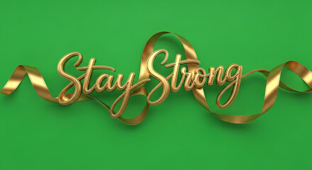 Gold ribbon with Stay Strong message on green background