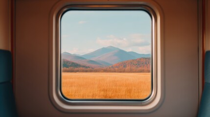 Fototapeta premium A scenic view through a train window showcasing mountains, rolling hills, and golden fields under a clear sky.