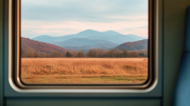 A serene view of mountains and fields captured through a train window, showcasing the beauty of nature.