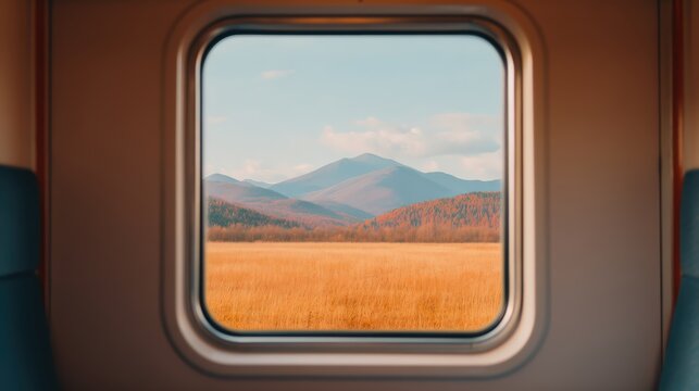 A scenic view through a train window showcasing mountains, rolling hills, and golden fields under a clear sky.