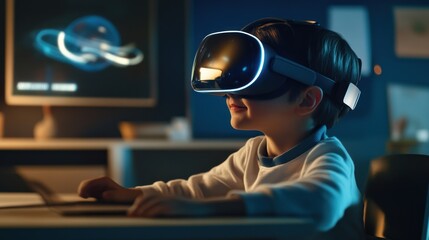 Young boy immersed in virtual reality headset exploring digital worlds