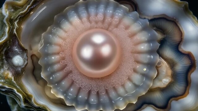 Close-up of a luminous pearl nestled inside an oyster shell with iridescent hues