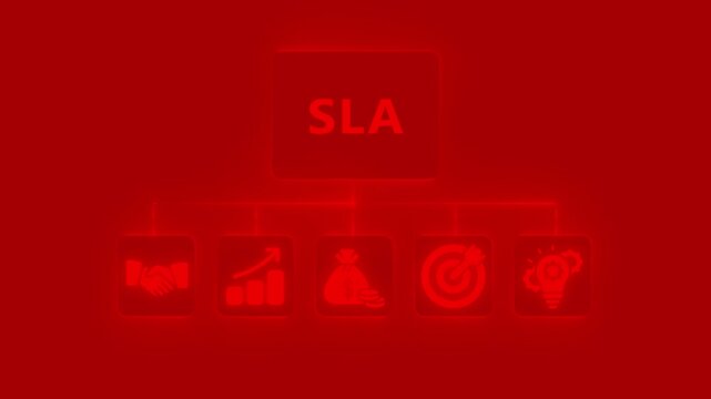 Business concept diagram with SLA acronym and icons for handshake, growth chart, money bag, target, and lightbulb
