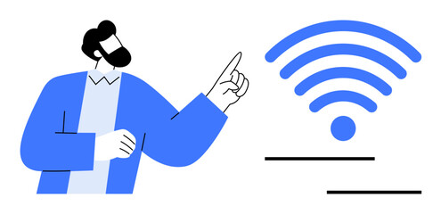 Man pointing at strong wireless signal graphic, conveying wireless connectivity. Ideal for network access, communication, technology, internet usage, remote work, online learning, digital connection