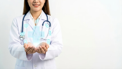 Smiling Female Doctor Presenting Digital Healthcare and Medical Innovation Concept