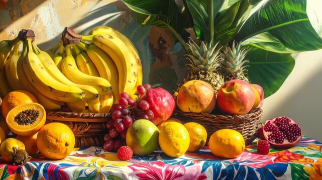 A vibrant and colorful still life of various tropical fruits on a table.