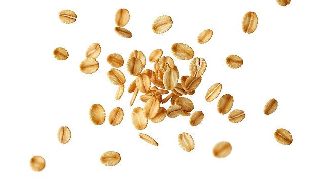 Flying oat flakes scattered in the air on white background with shadow. AI GENERATED.
