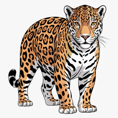 Obraz premium A vividly illustrated jaguar showcases its striking coat and powerful physique, emphasizing the beauty and majesty of wildlife in a natural setting surrounded by lush greenery.