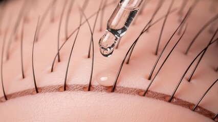 Close-up of Hair Follicle Treatment with Dropper Applying Serum.