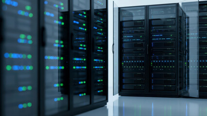 Modern Data Center with Rows of Server Racks and Blinking Lights