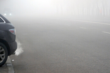 Fog weather and highway. Car Driving in Dense Fog. Dangerous Road Conditions