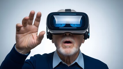 Senior man in virtual reality with a surprised expression