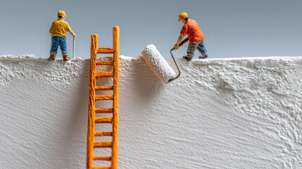 Miniature construction workers painting a textured wall with a ladder nearby