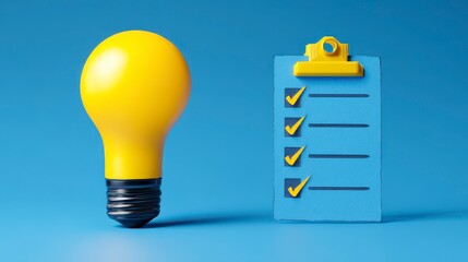 A vibrant yellow light bulb and a checklist, symbolizing ideas and tasks, rendered against a gradient blue backdrop