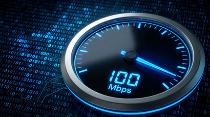 High Speed Internet Connection 100 Mbps on Digital Meter with Binary Code Background