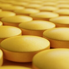 Pattern of geometrically aligned round yellow pills, pharmaceutical concept