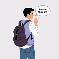 Fototapeta premium This digital illustration portrays a young man deep in thought, holding a cigarette, symbolizing introspection and contemplation while dressed casually with a backpack.