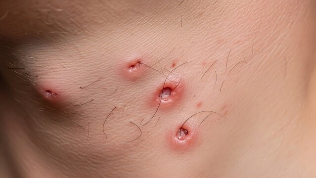 Close-up of Monkeypox lesions on human skin with visible hair follicles.