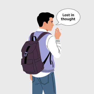 This digital illustration portrays a young man deep in thought, holding a cigarette, symbolizing introspection and contemplation while dressed casually with a backpack.