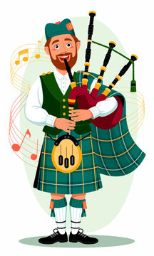 An illustration depicting a piper dressed in traditional Scottish attire playing bagpipes, capturing the essence of Scottish culture and musical heritage with vibrant colors and cheer.