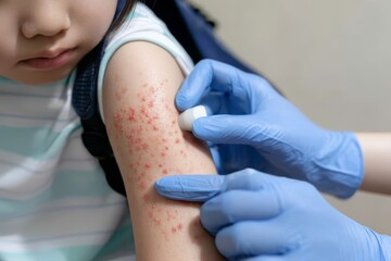 Fototapeta premium Doctor conducting an examination of a child with a red rash.