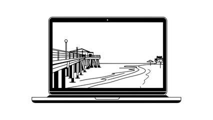 Laptop displaying a detailed line art illustration of a pier and tropical beach scene.