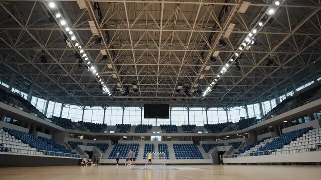 Indoor sports arena high metal ceiling rows of lights  bluewhite seats a screen hangs center above the court with several people on it