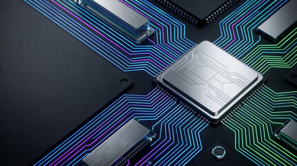 Futuristic Computer Processor and Glowing Circuit Board