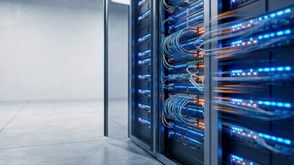 Modern Data Center Server Racks with Glowing Lights