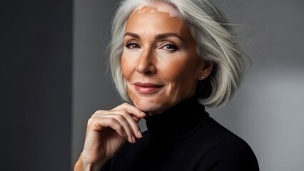 Fototapeta premium Elegant Mature Woman with Silver Hair and Vitiligo Posing Confidently.