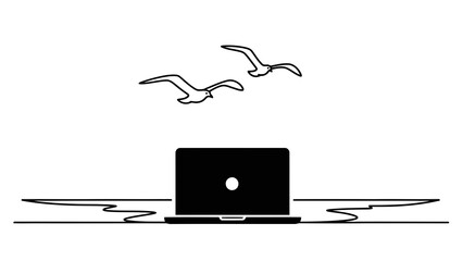 Laptop on water surface with seagulls flying overhead, symbolizing freedom and technology.
