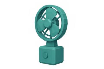 Desktop electric fan icon cooling a room, modern appliance for comfort in hot weather, low poly 3d rendering