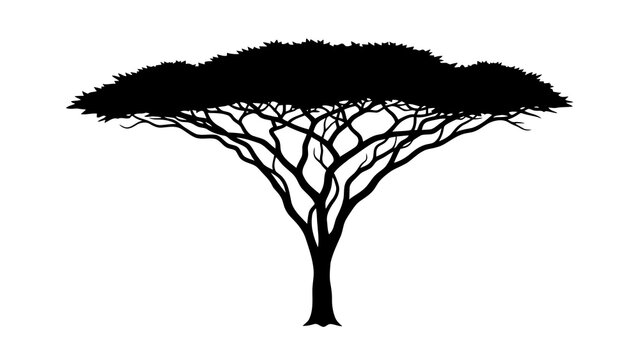African acacia tree silhouette isolated on white background with distinct flat crown and branching structure